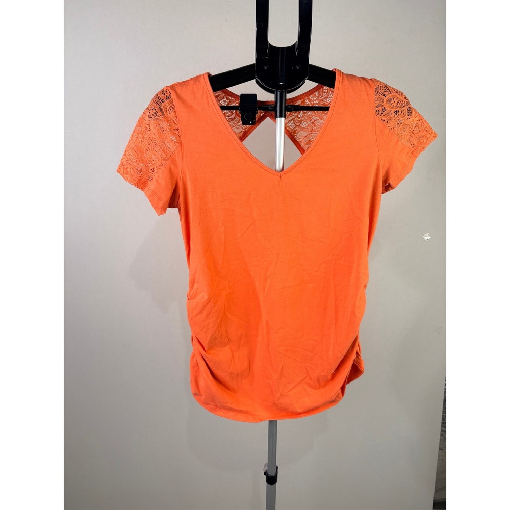 Ambiance Maternity Orange Lace Shoulder V-Neck Ruched Side Top Size L 68818M